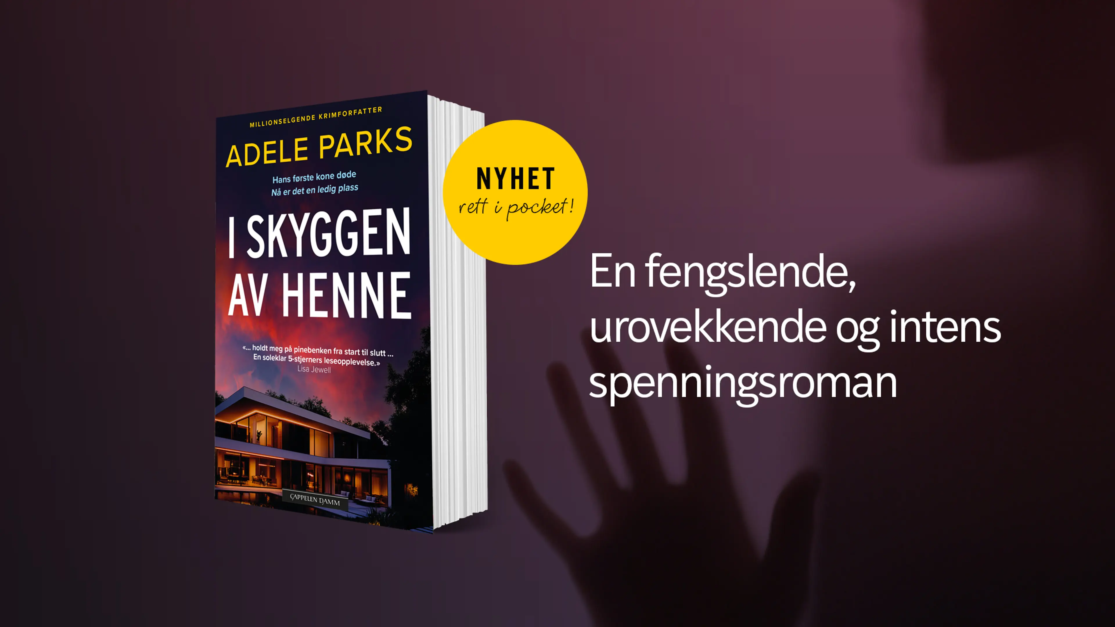 Boken I skyggen av henne på en bakgrunn med silhuett av en mørk hånd