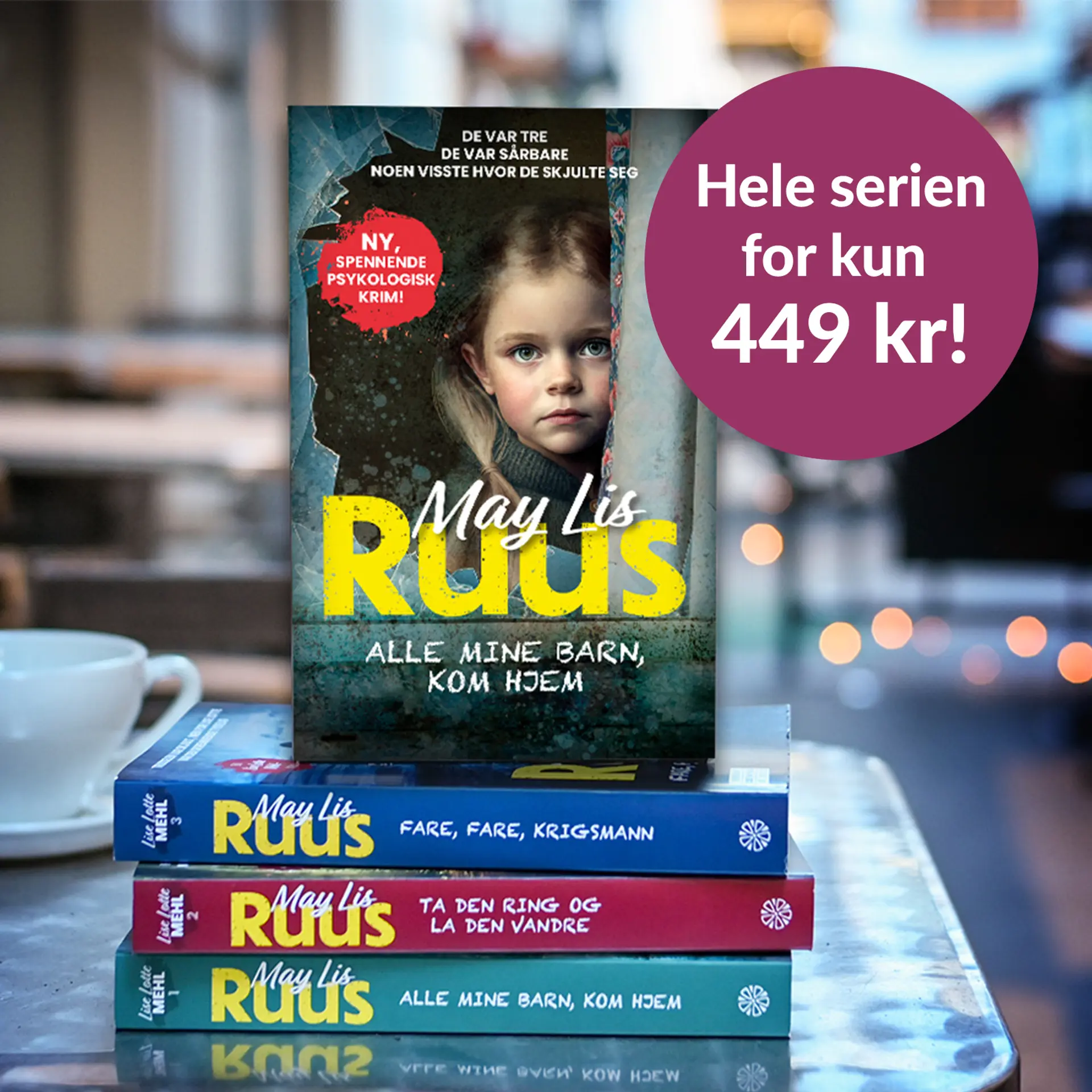 Bilde av de fire bøkene i krimserien Lise Lotte Mehl av May Lis Ruus