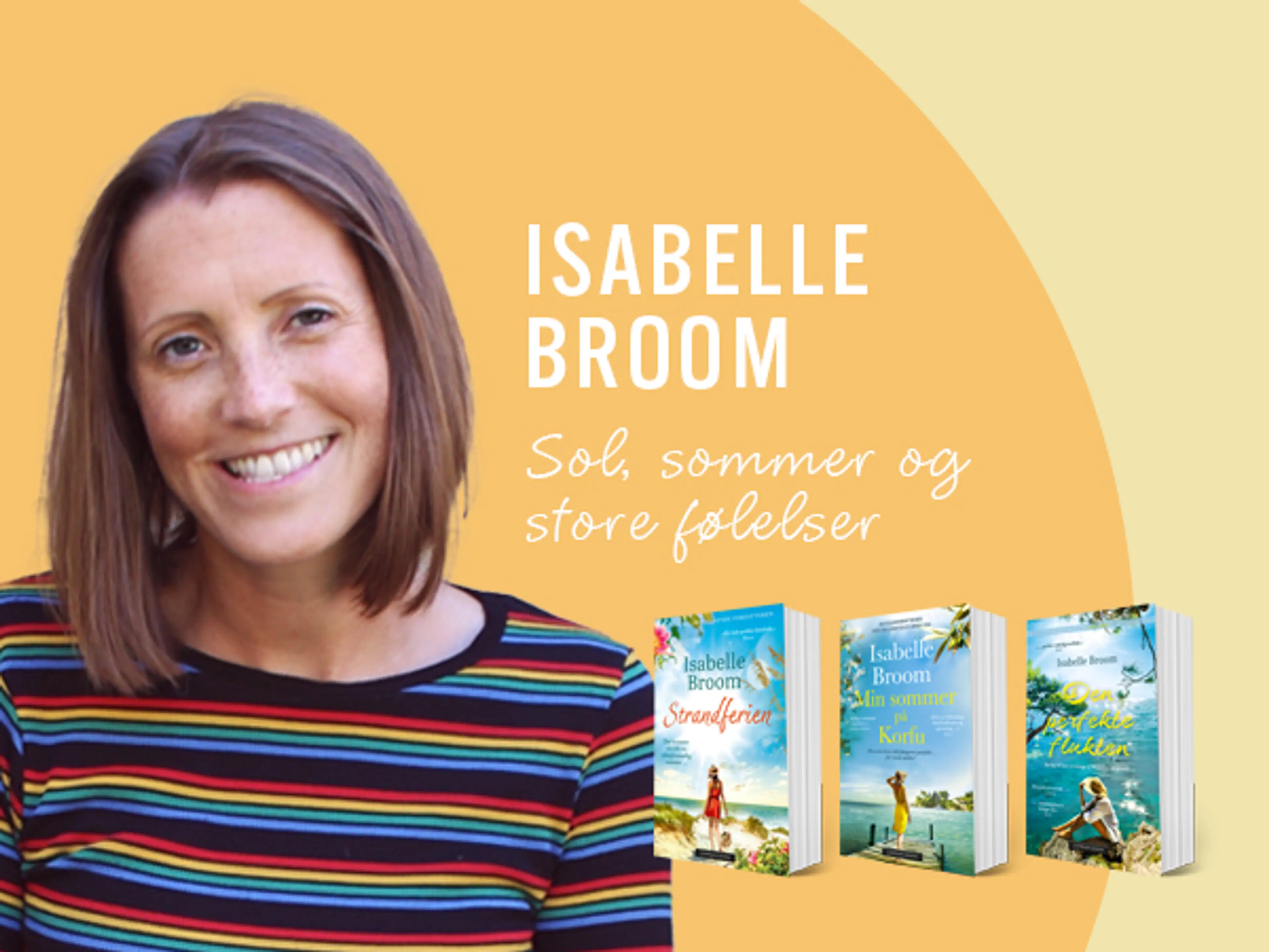 Portrett av Isabelle Broom og tre av hennes bøker på gul bakgrunn