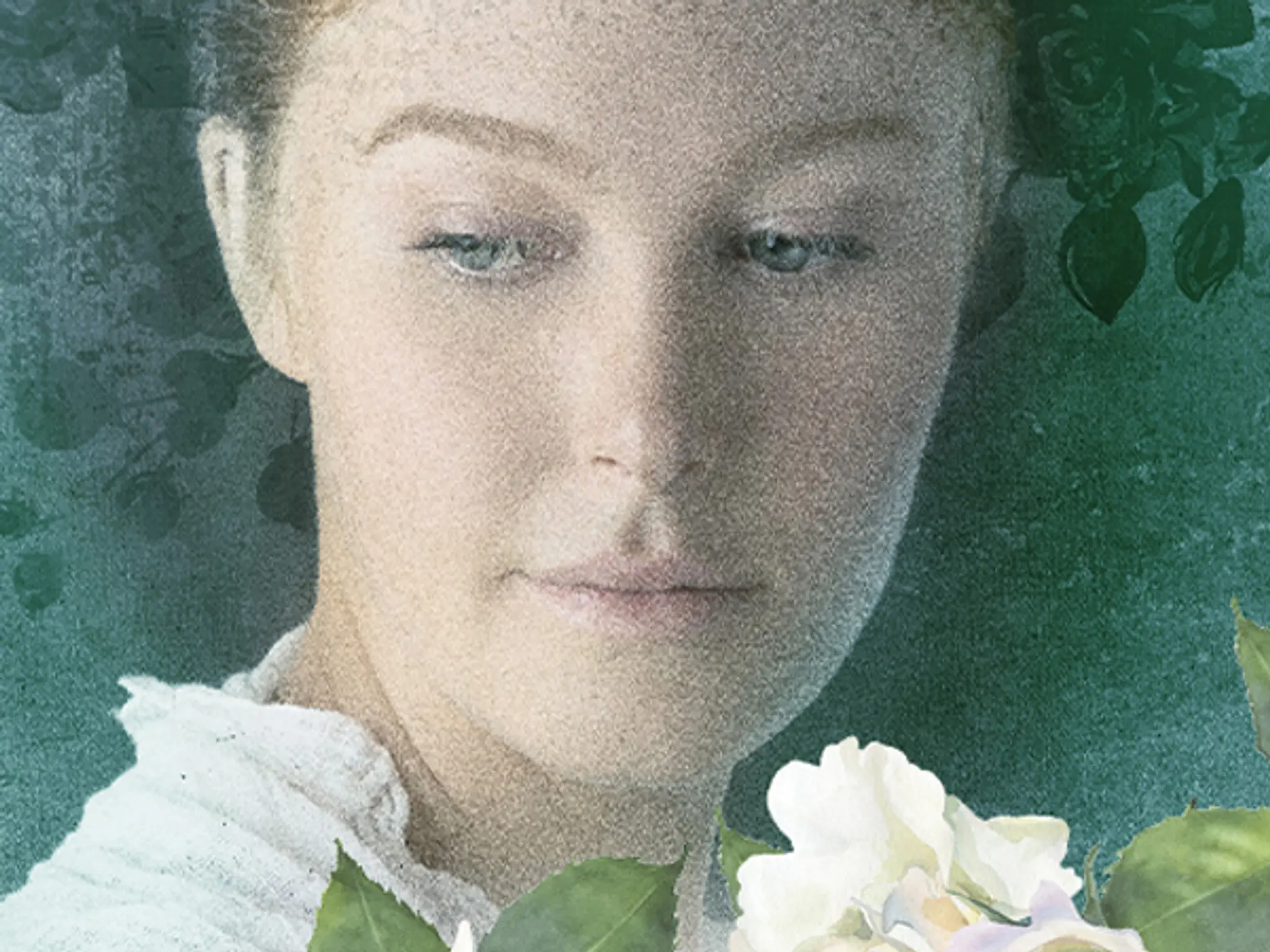 Portrett av Emily fra Rosehagen, ung dame som ser blygt ned. Illustrasjon