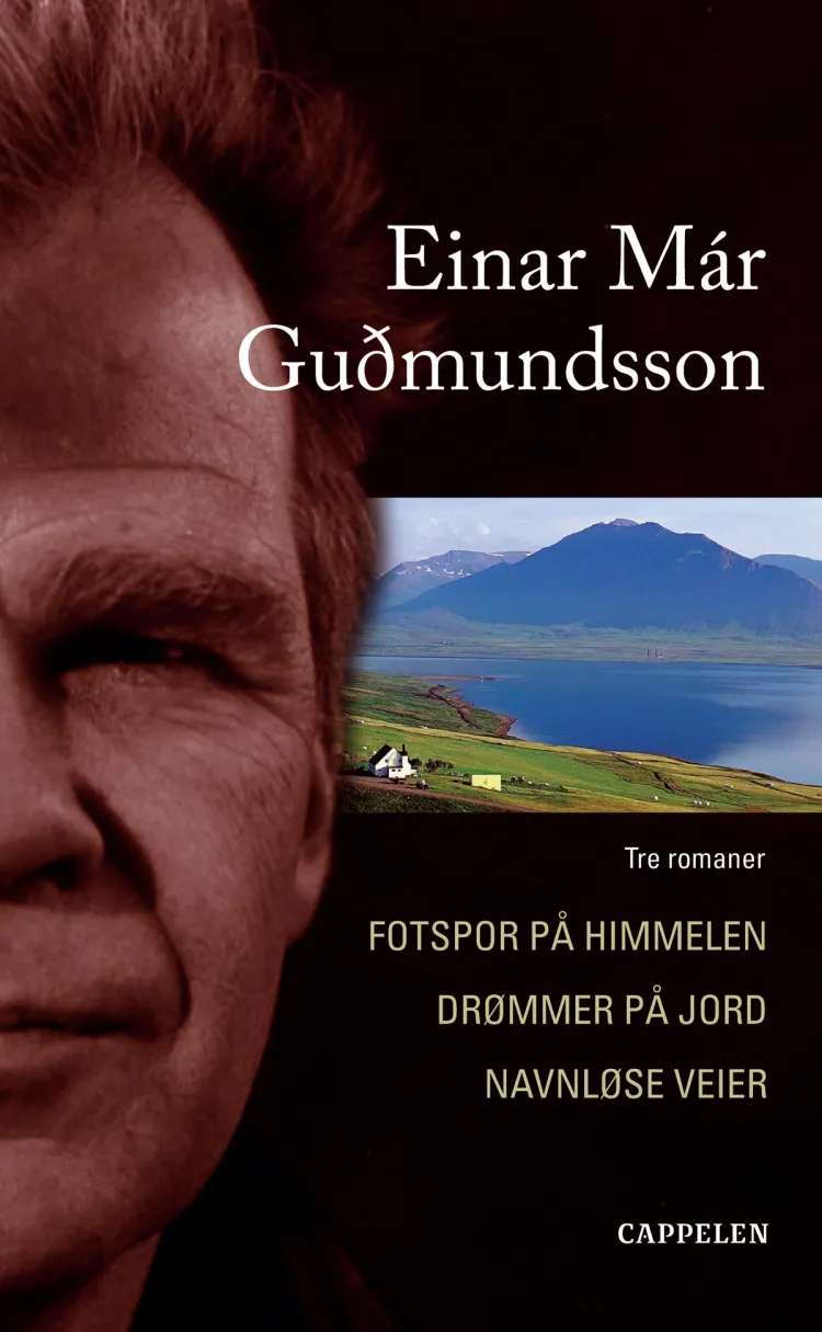 Omslag Fotspor på himmelen, Drømmer på jord, Navnløse veier av Einar Már Guðmundsson (Heftet)