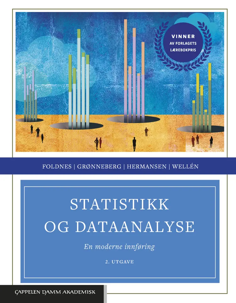 Omslag Statistikk og dataanalyse av Njål Foldnes, Steffen Grønneberg, Gudmund Horn Hermansen og Einar Wellén (Innbundet)