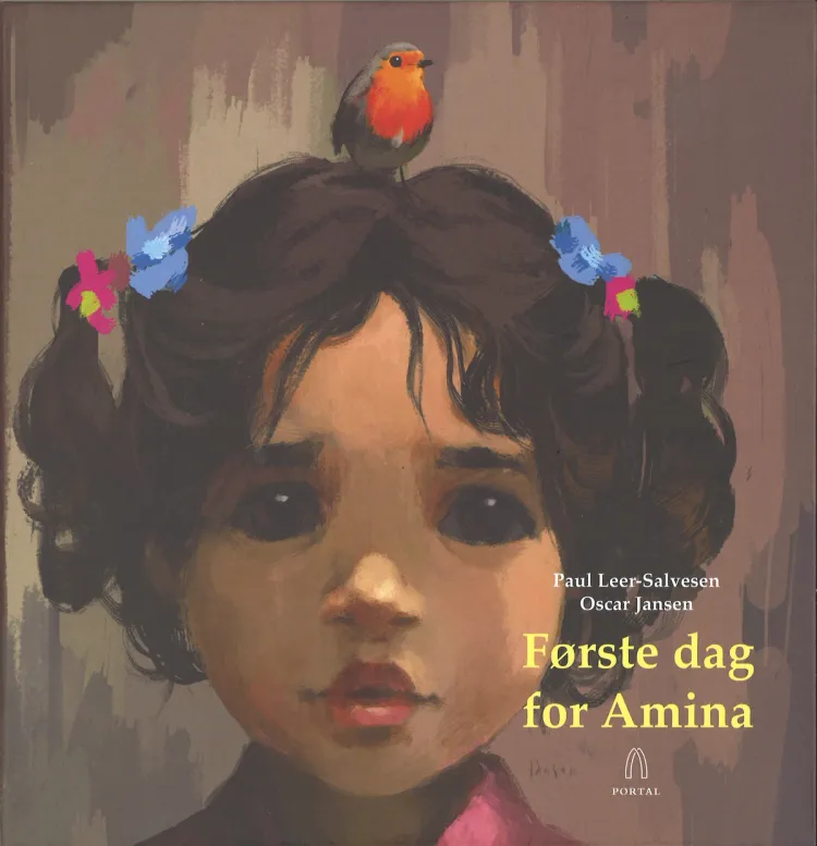 Omslag Første dag for Amina av Paul Leer-Salvesen, illustrert av Oscar Jansen (Innbundet)
