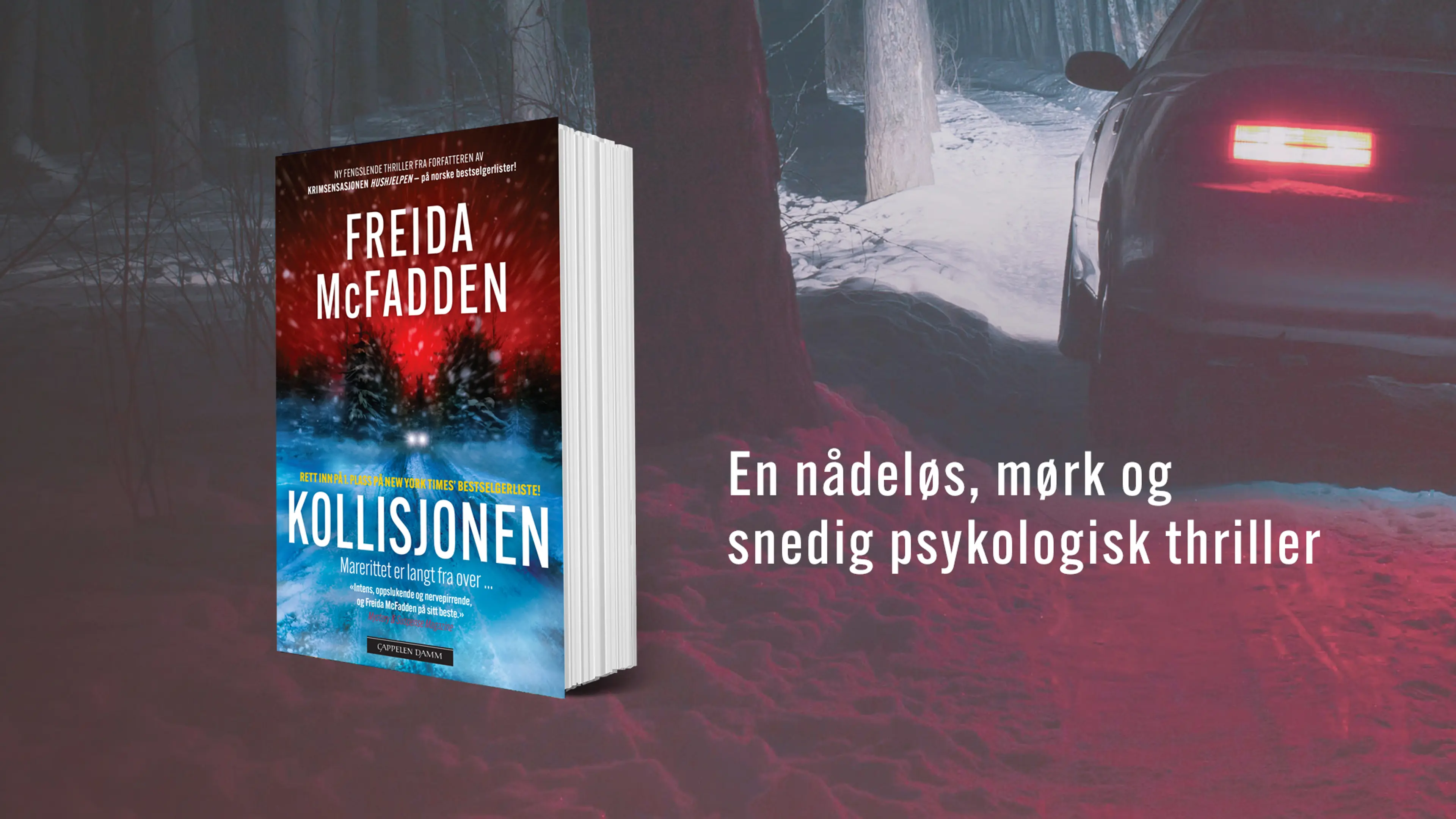 Boken Kollisjonen på en bakgrunn med snø, skog og en bil med lysene på