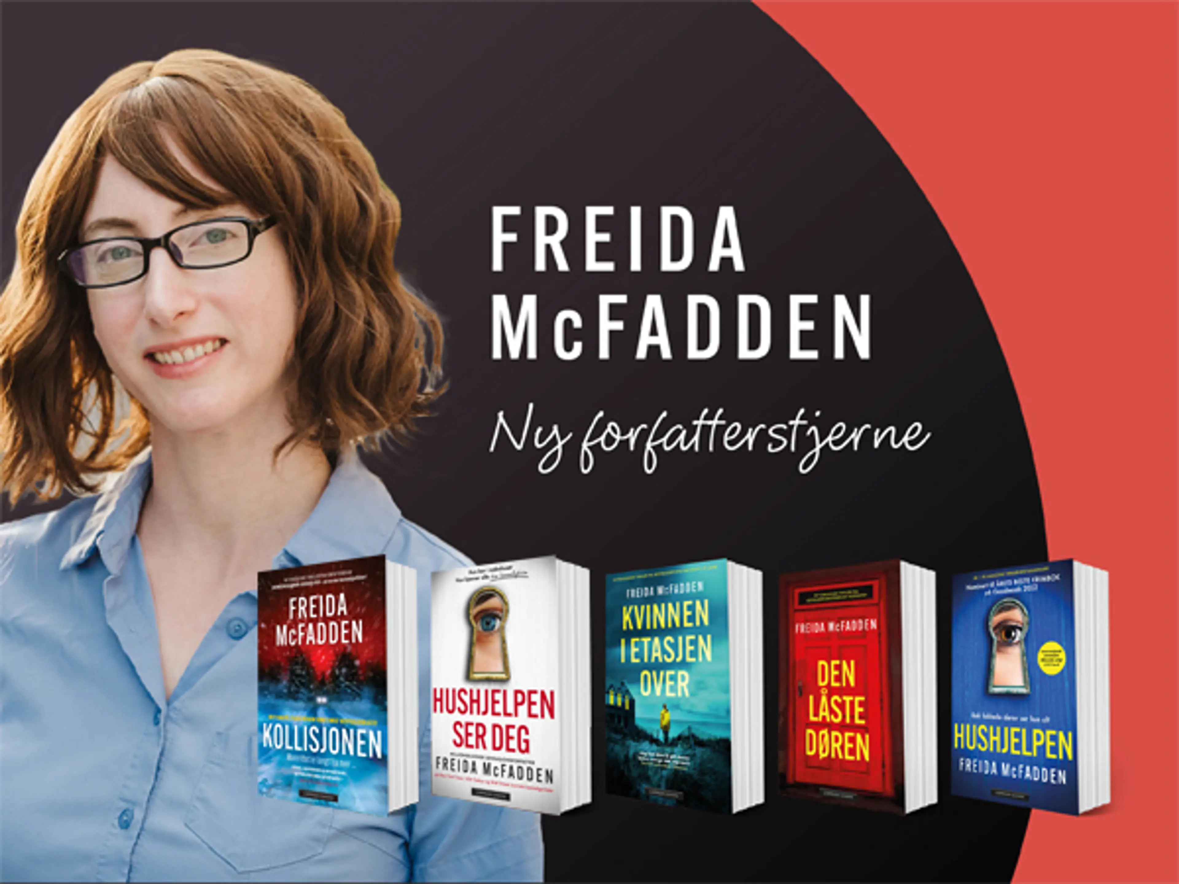 Portrett av forfatter Freida McFadden og fem av bøkene hennes på rød og sort bakgrunn