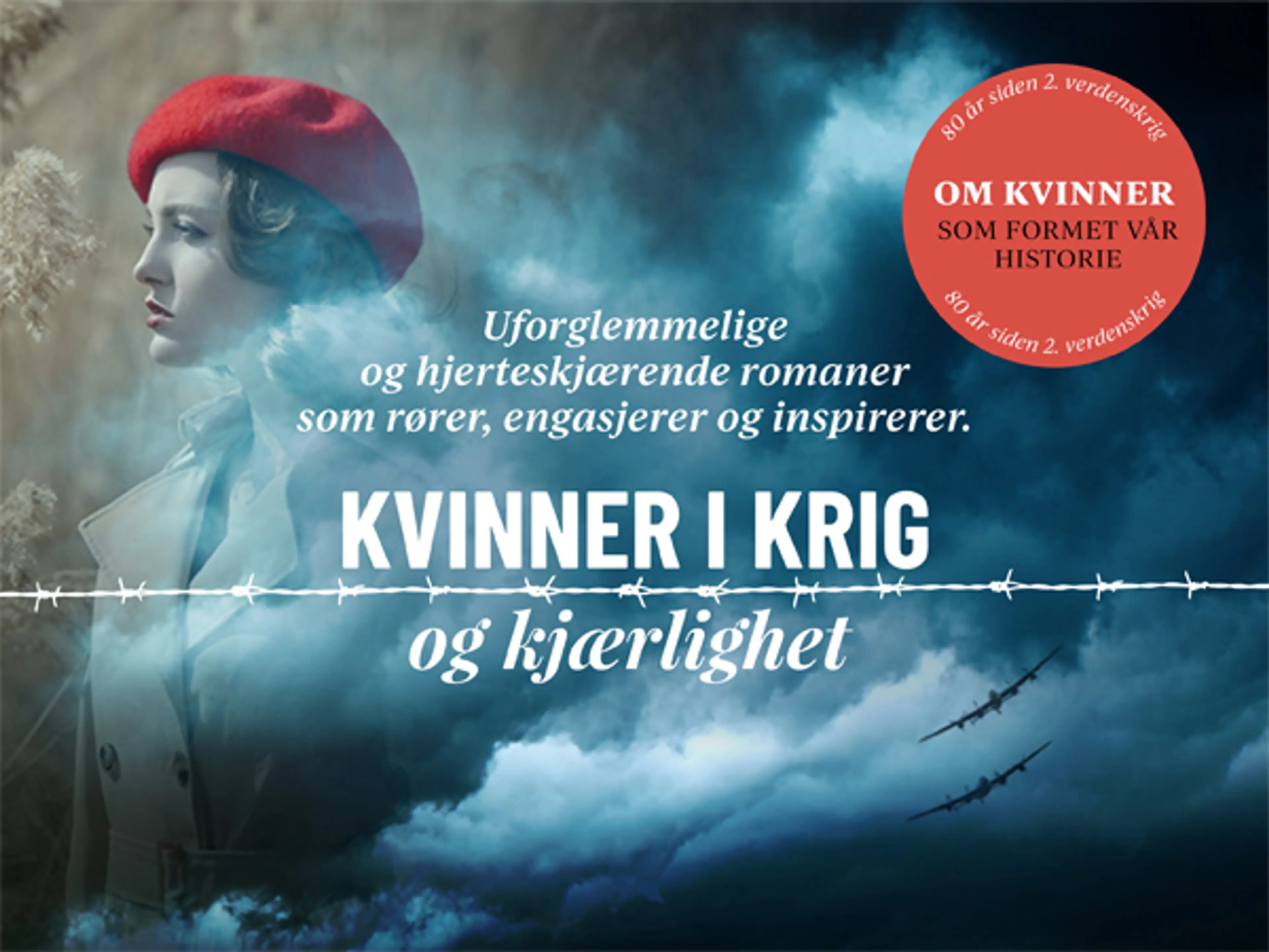 Ung kvinne fra 1940-tallet med rød alpelue på blå bakgrunn med kontur av to jagerfly