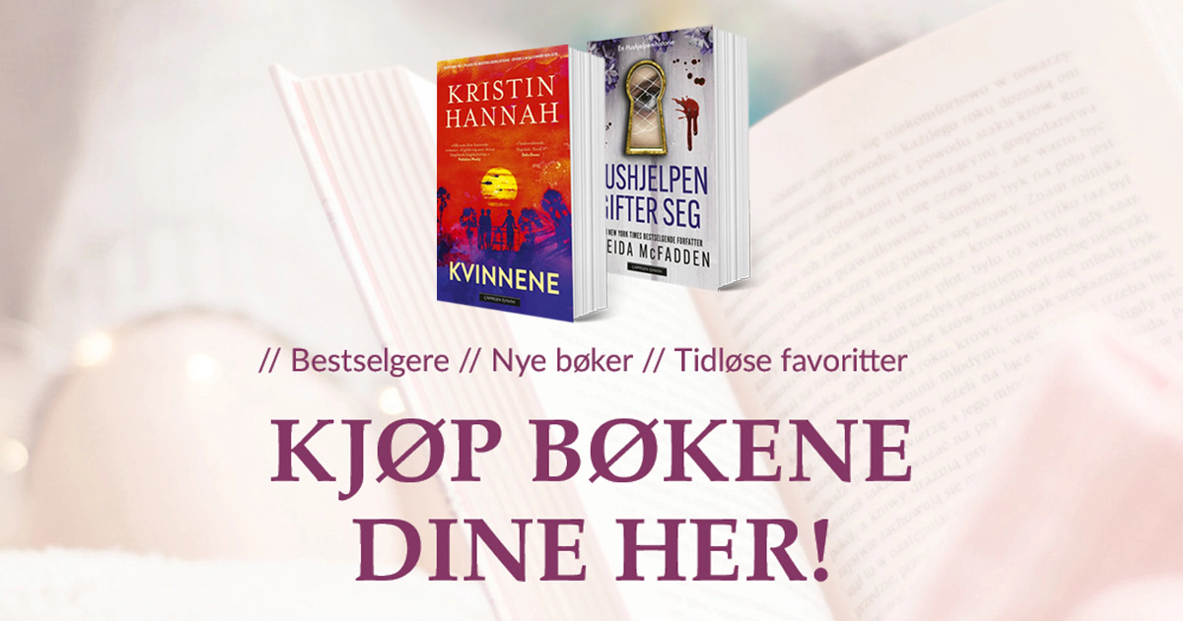 Bakgrunnsbilde av dame som holder bok og teksten Kjøp bøkene dine her