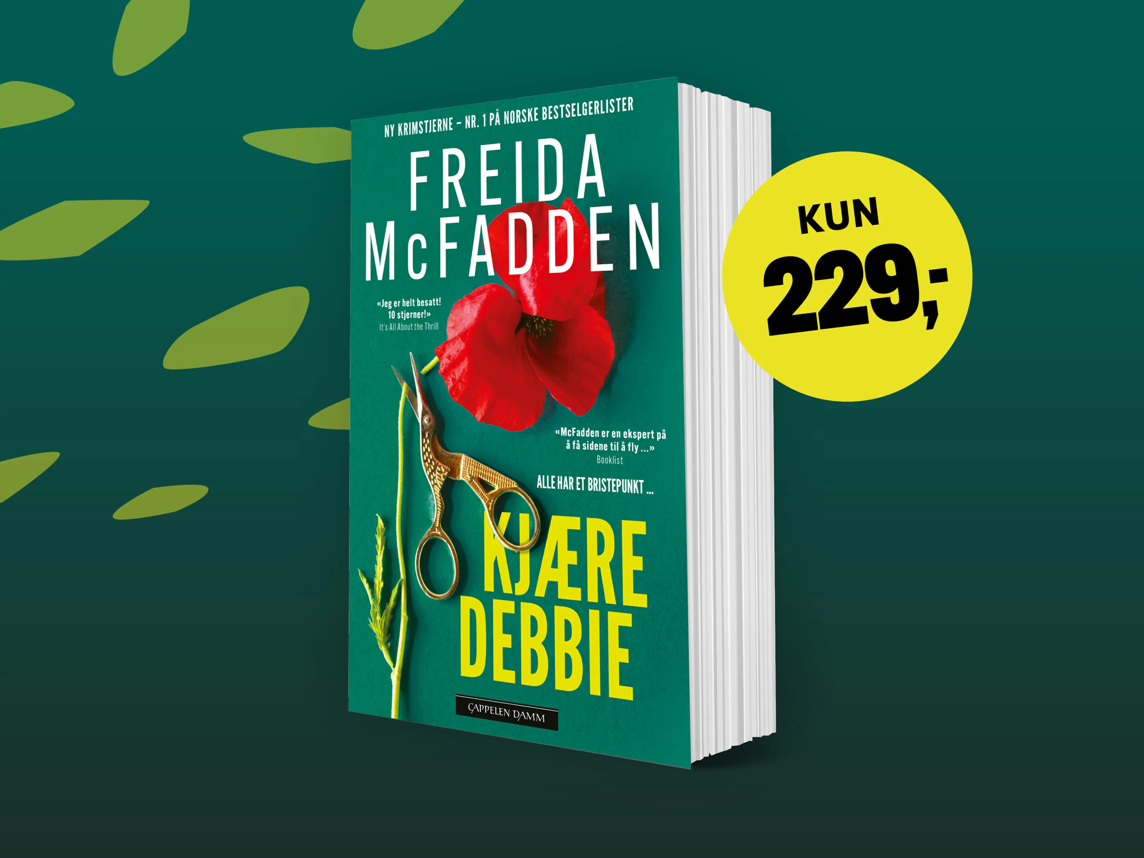 Boken Kjære Debbie på mørkegrønn bakgrunn og bombe med teksten Kun 229