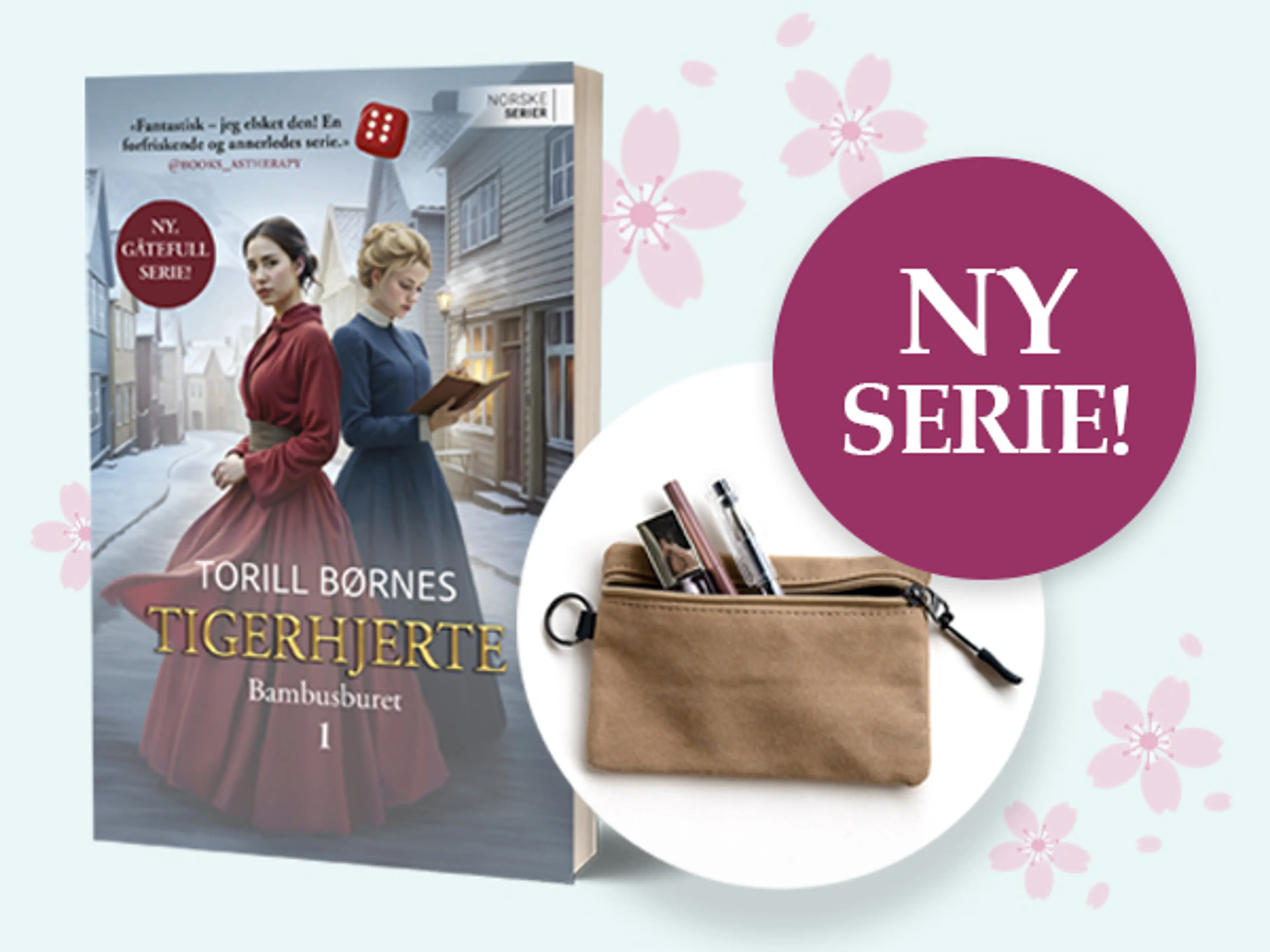 Første bok i serien Tigerhjerte og bilde av velkomstgave