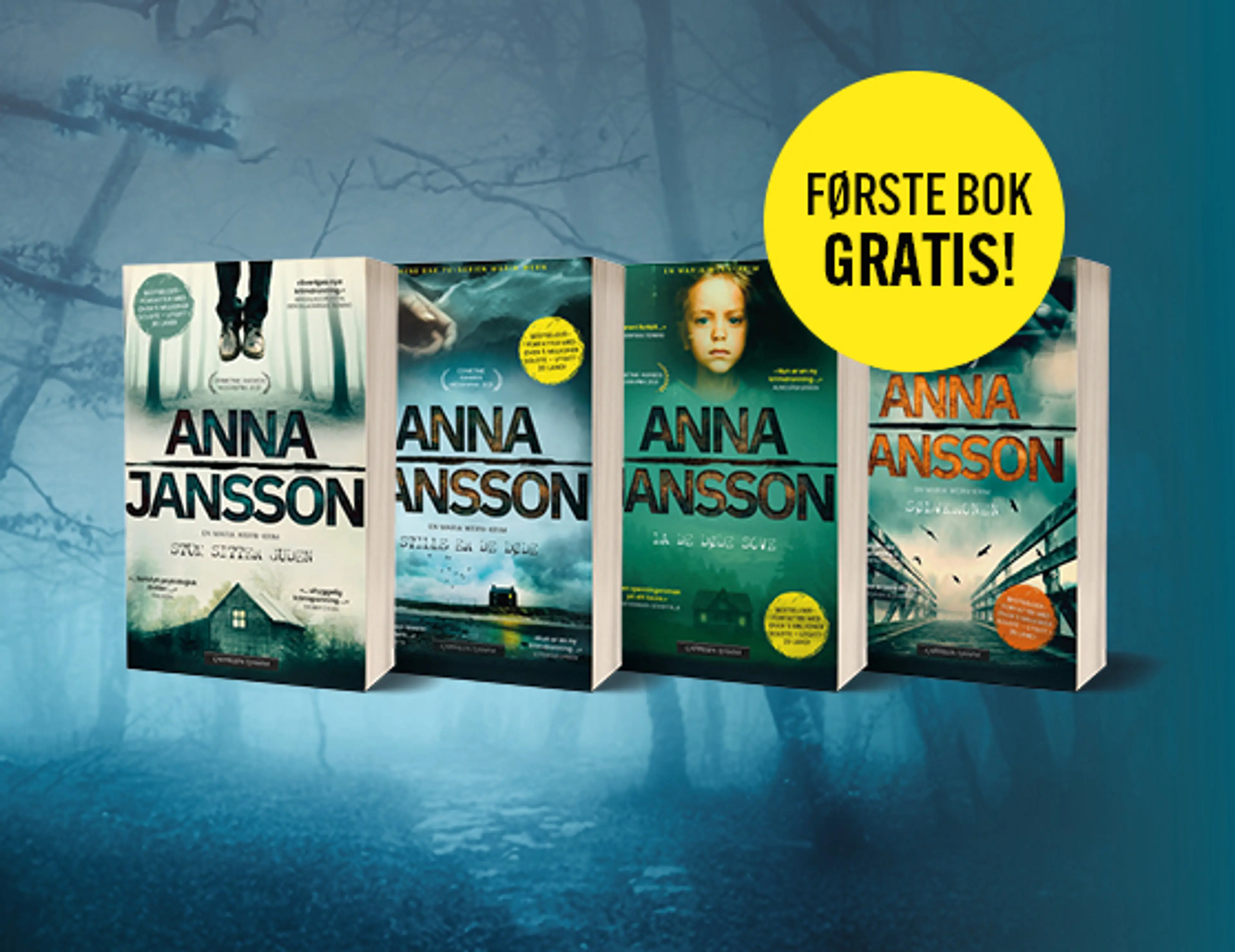 De fire første bøkene i serien om Maria Wern på blå bakgrunn og bombe med teksten Første bok gratis