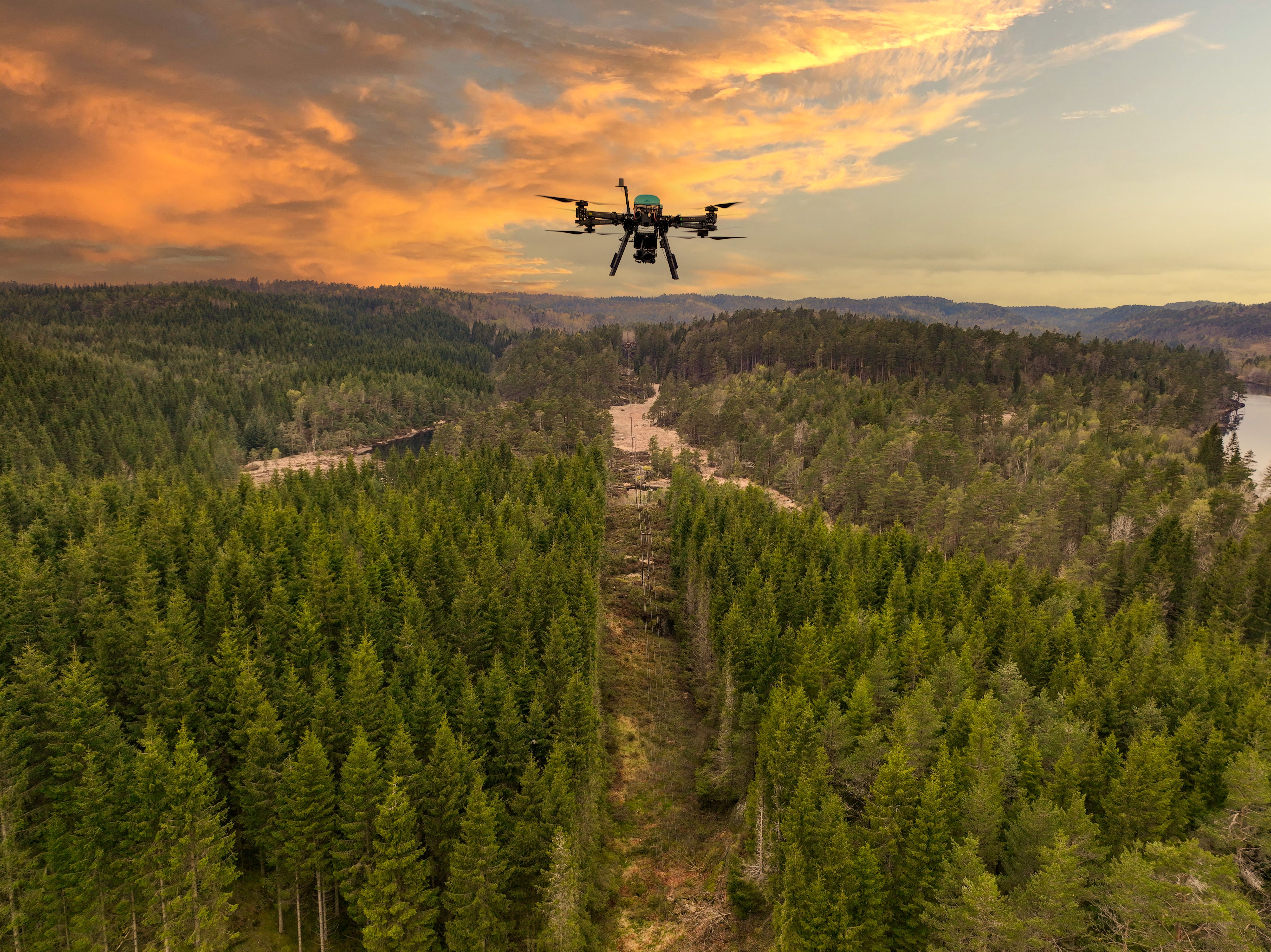 Drone som flyr over strømnett og skog