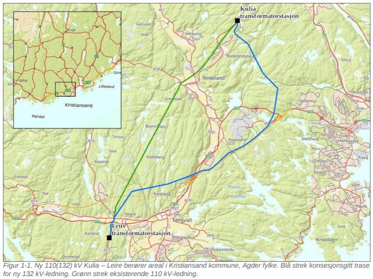 Kart over ny konsesjonsgitt trase for Kulia-Leire.