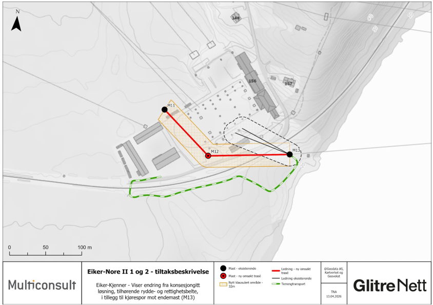 Kart som viser forlengelse av trase ved Flesaker transformatorstasjon.