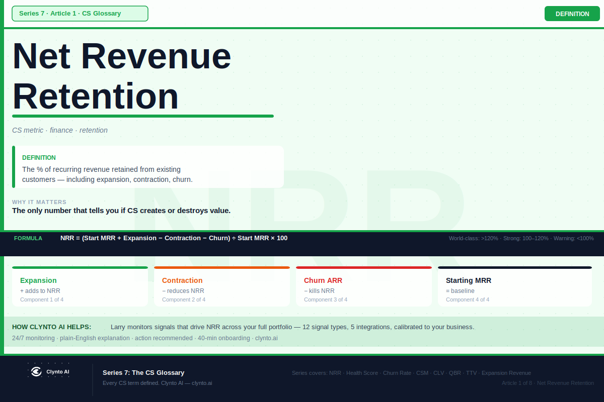What is Net Revenue Retention (NRR) — definition, formula, benchmarks, and how CS teams improve it