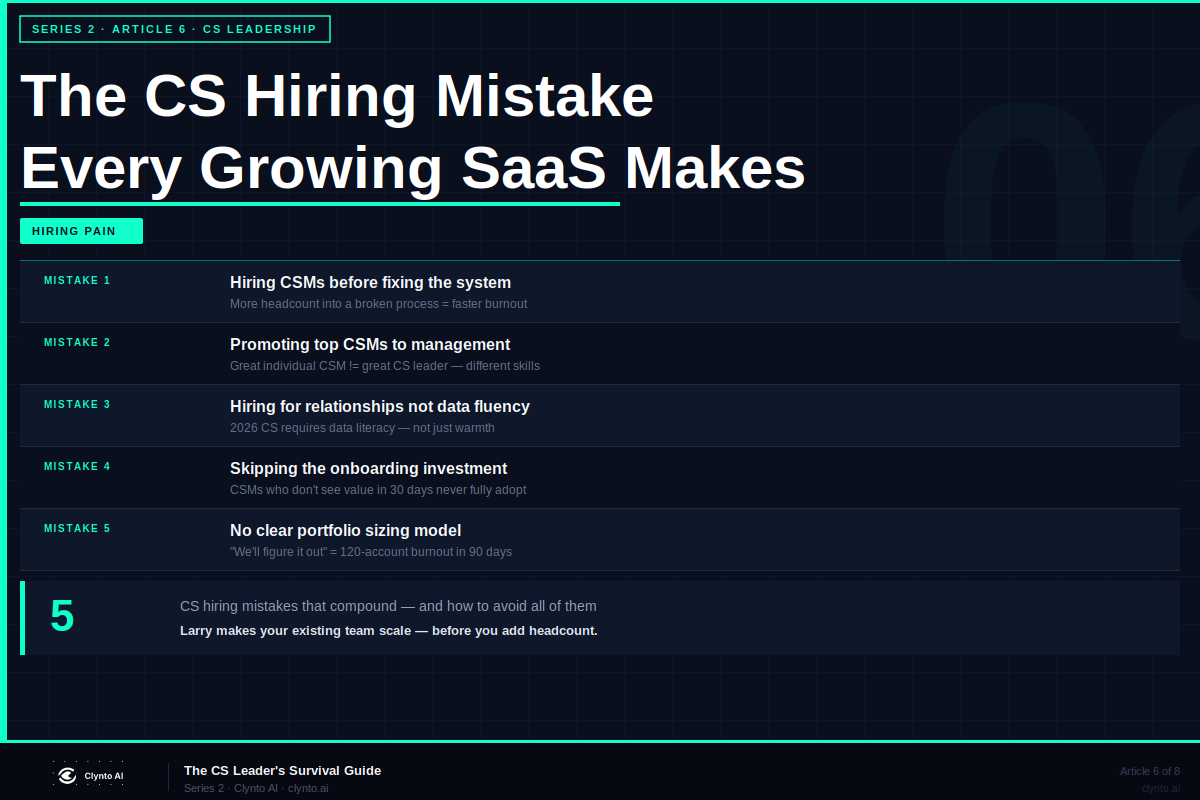 The CS hiring mistake every growing SaaS makes — 5 patterns that compound and how to avoid them