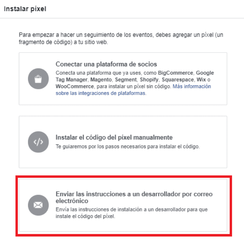 Opción para enviar las instrucciones de instalación a un desarrollador