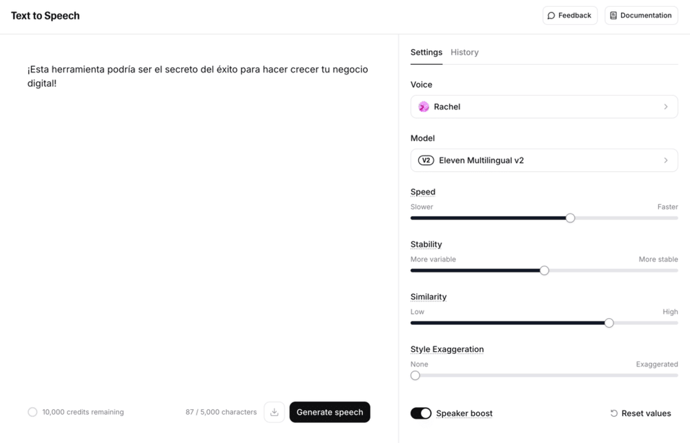 Ajustes de velocidad, estabilidad y similitud de voz en ElevenLabs