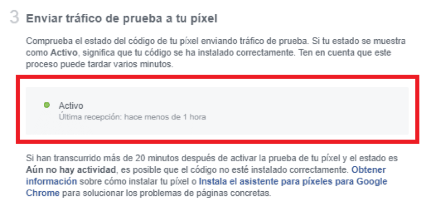 Confirmación de que el píxel de Facebook está activo y recibiendo datos