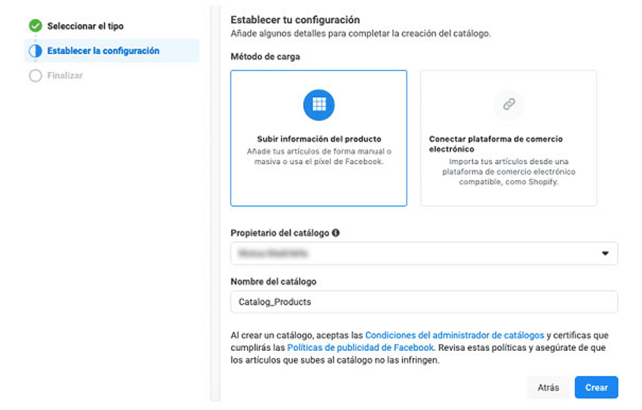 Panel de catálogo de productos de Facebook Commerce Manager