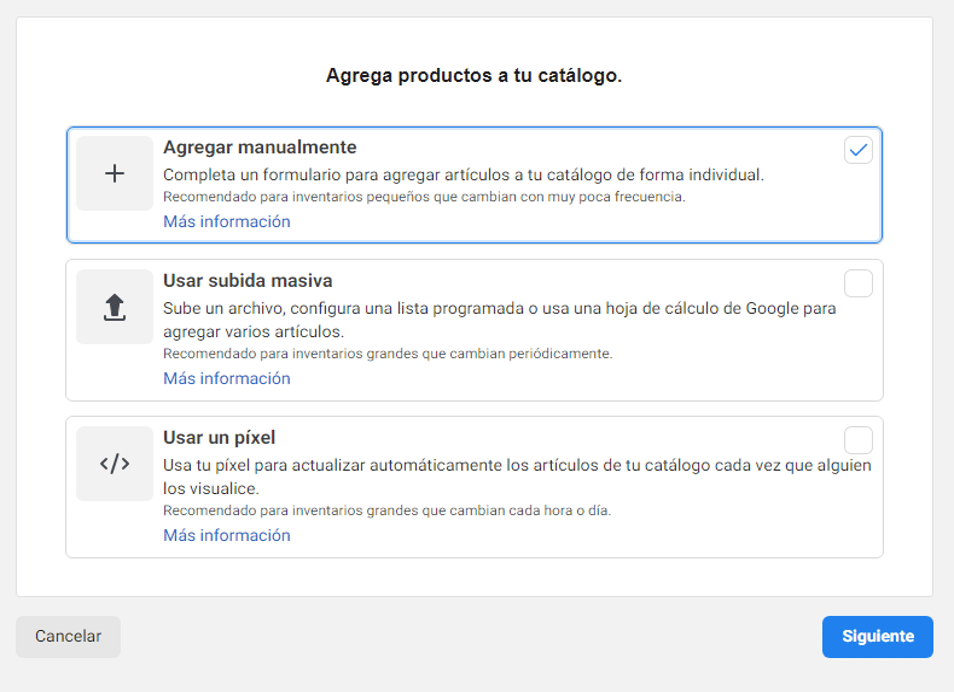 Formas de subir productos al catálogo: manual, lista, API o plataforma de ecommerce