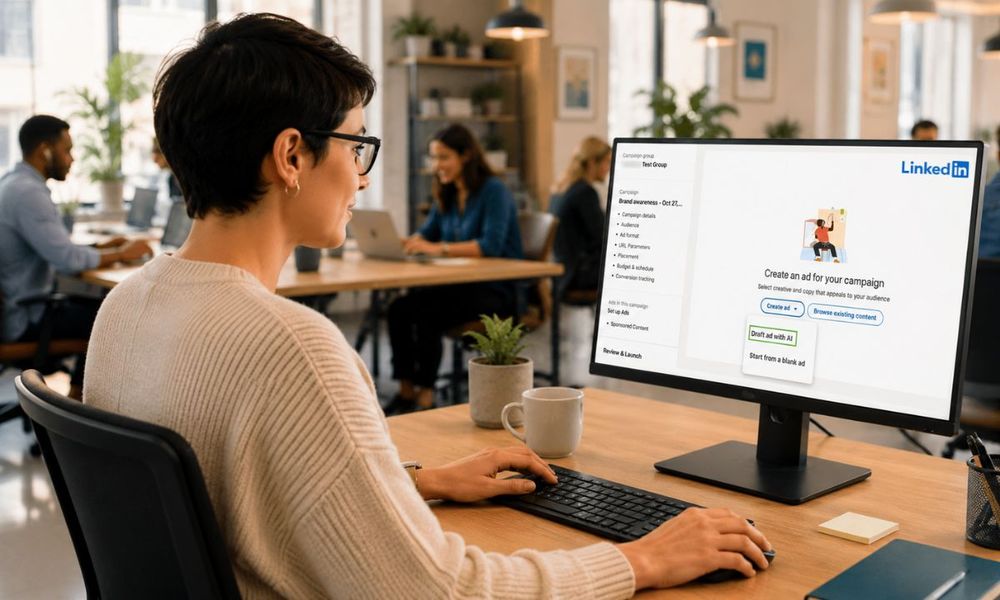 Profesional usando las nuevas herramientas creativas con IA de LinkedIn en su ordenador