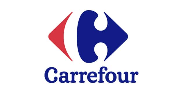 Logotipo de Carrefour, con la C formada por el espacio negativo entre las flechas