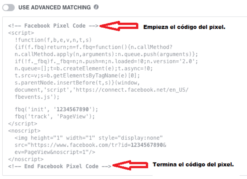 Ubicación del código del píxel dentro del encabezado de la web