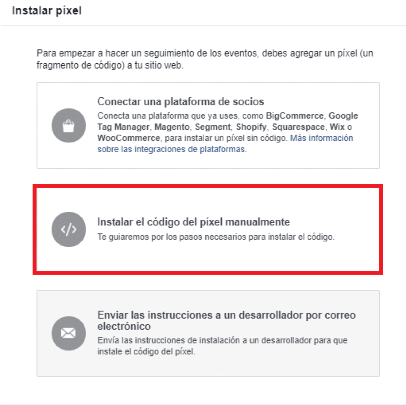 Opción para instalar el código del píxel manualmente