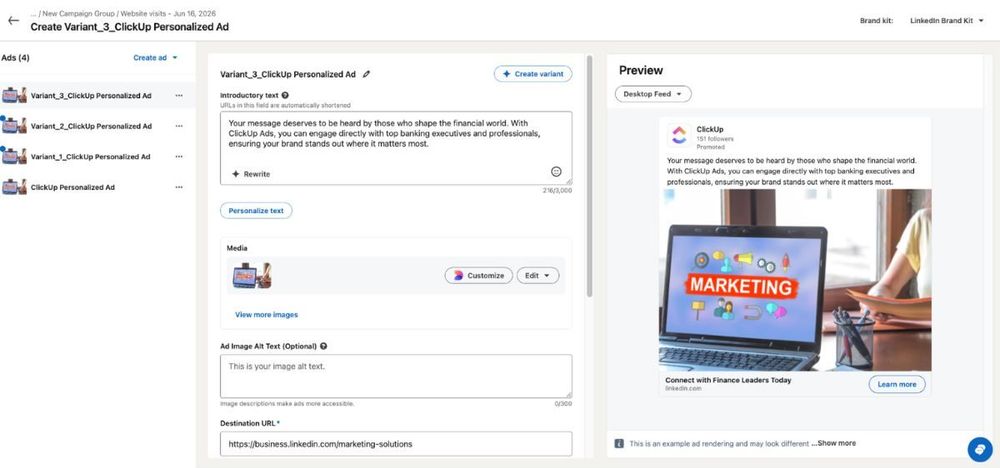 Función de variantes de anuncios con IA de LinkedIn