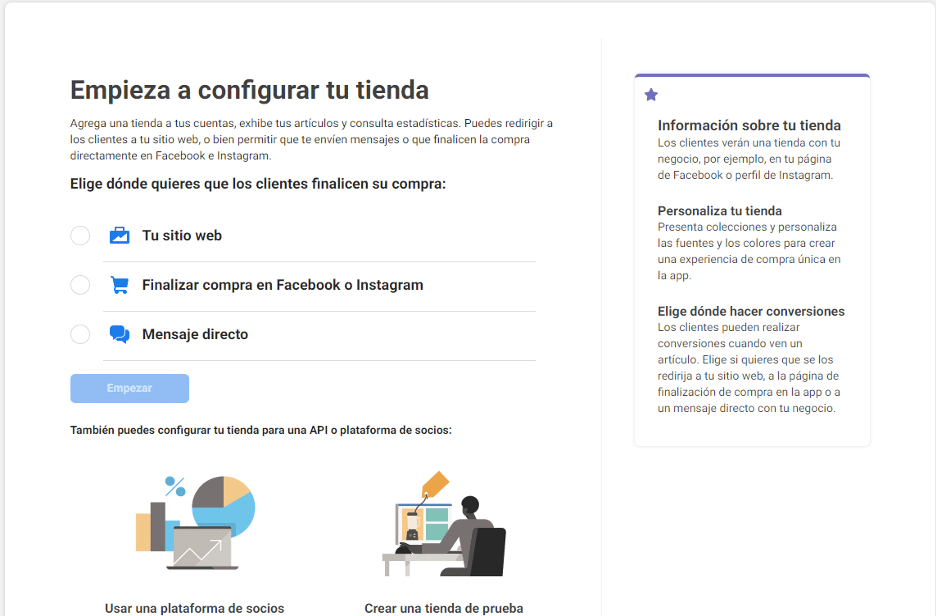 Opciones de método de compra al crear una tienda en Facebook