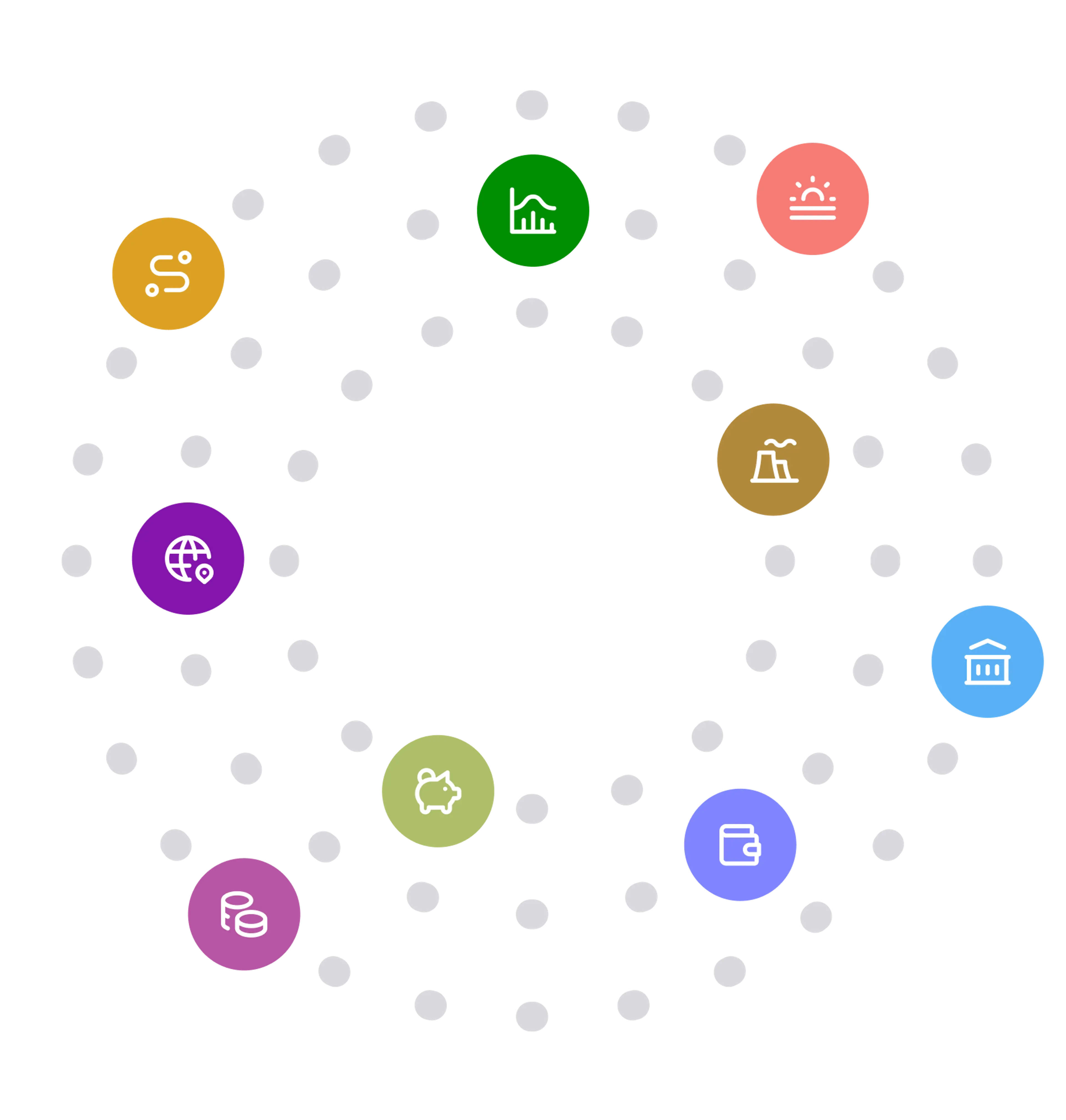 A network diagram with nine large colored nodes, each with a white icon, representing concepts such as finance, industry, global data, and energy, interconnected by smaller gray nodes.