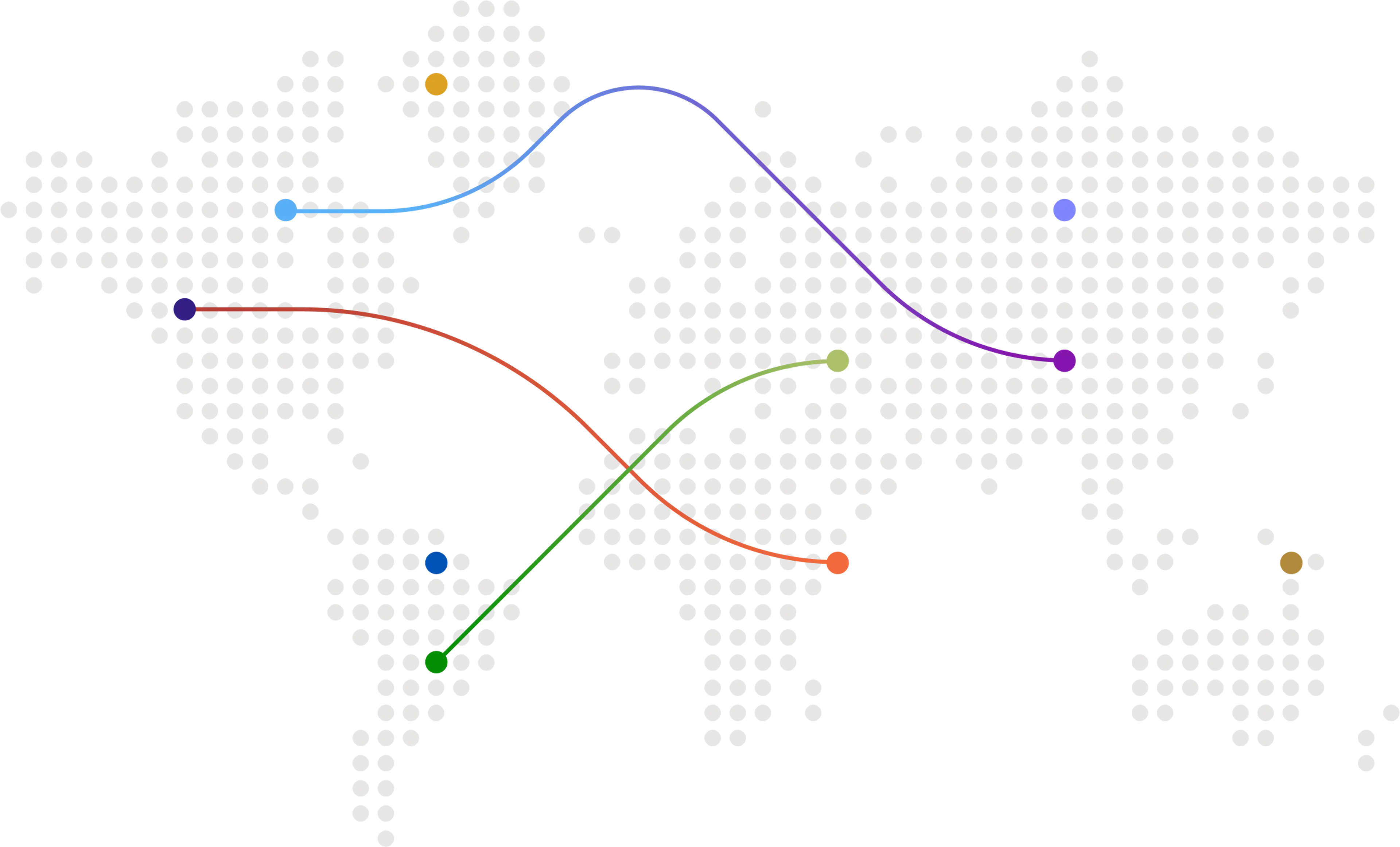 World map with colorful lines connecting various global locations.