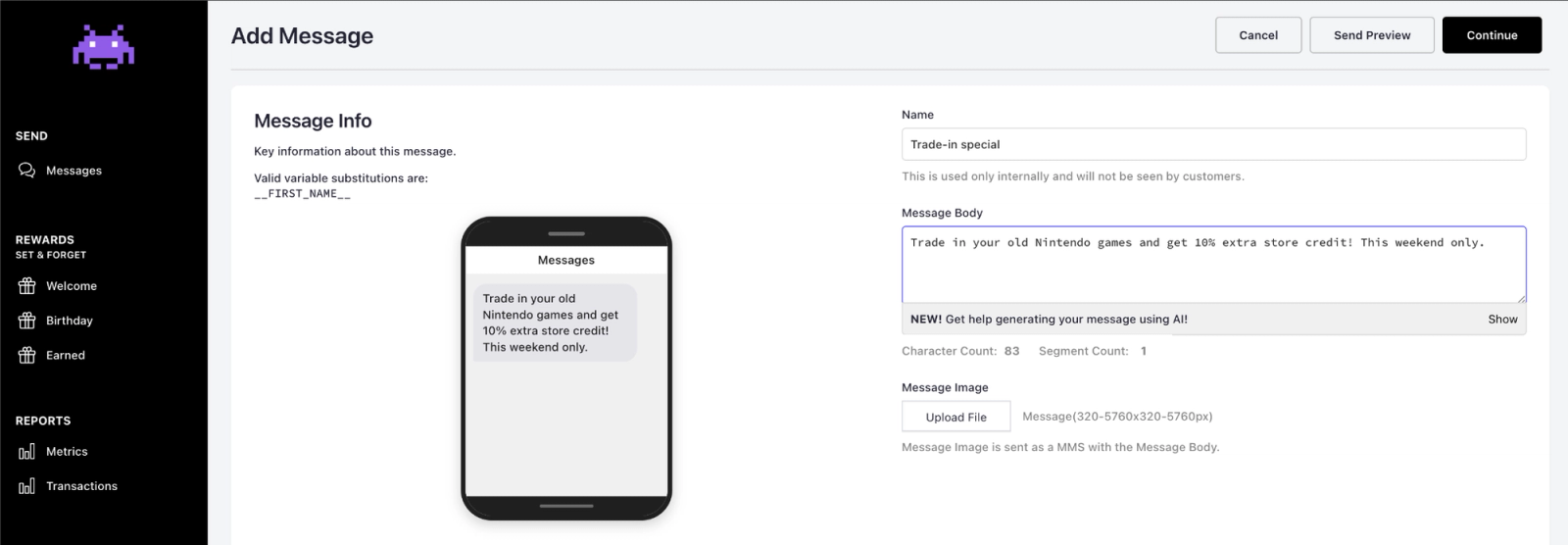 Stick's Add Message screen with a trade-in offer drafted, a phone preview of the text, and the option to get help writing it with AI