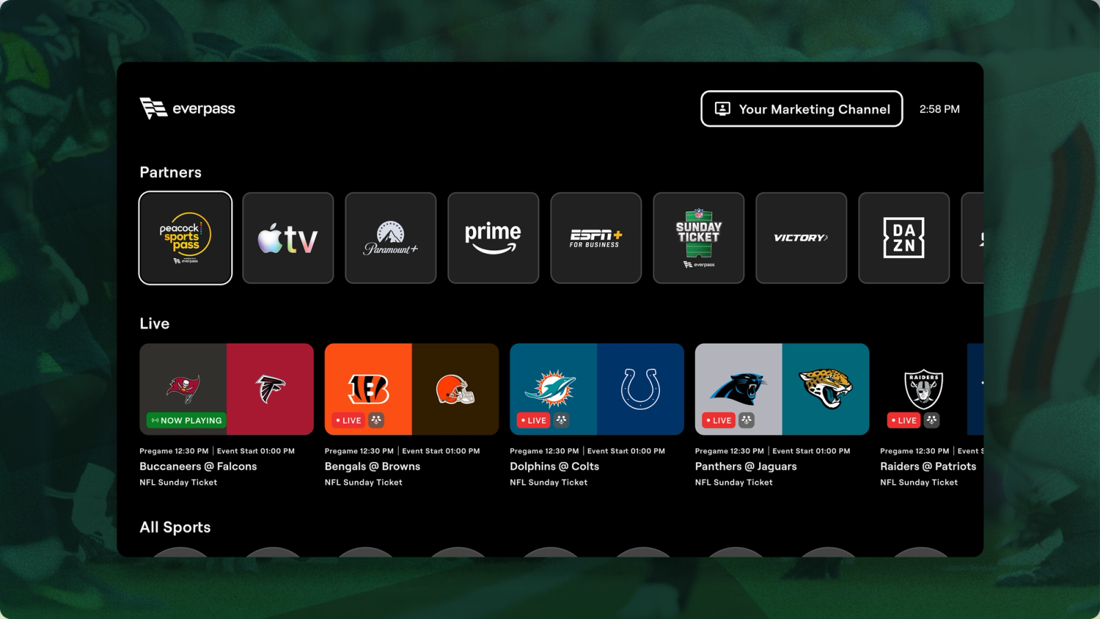 EverPass CTV app onscreen guide showing the different partners and live sports options to select.