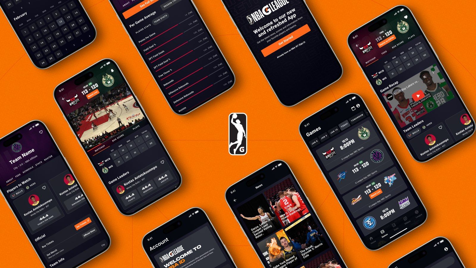 A mosaic of NBA G League UIs shown on devices against an orange background