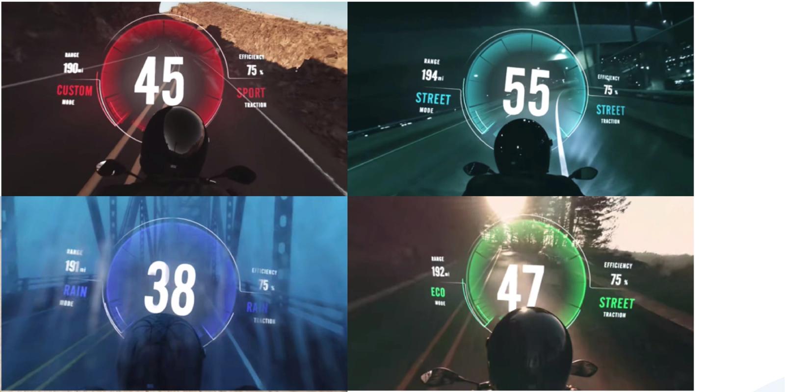 Four ride-mode dashboard colour themes: Custom/Sport, Street, Rain, and Eco