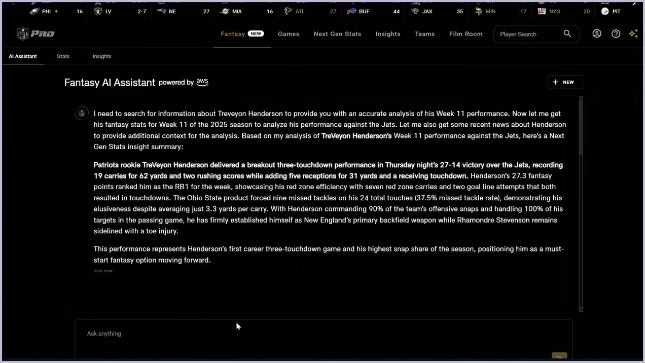 NFL Pro's Fantasy AI Assistant answering with a Next Gen Stats analysis of TreVeyon Henderson's three-touchdown Week 11 game against the Jets