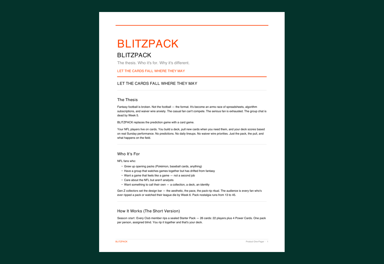 First page of the original Blitz Pack one-pager, dated July 6, 2026