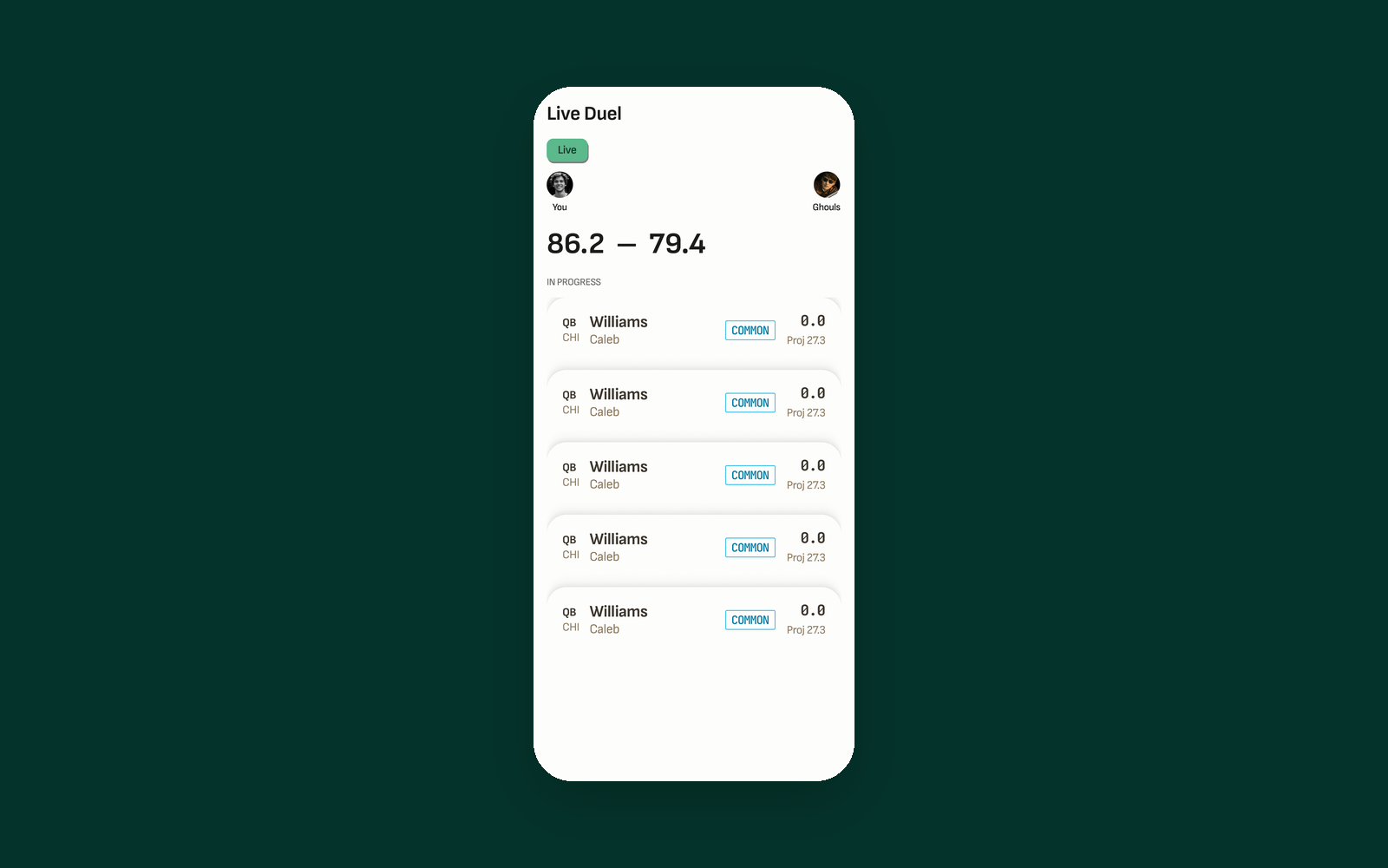 Version one's live duel screen as designed: a list of players with decimal scores