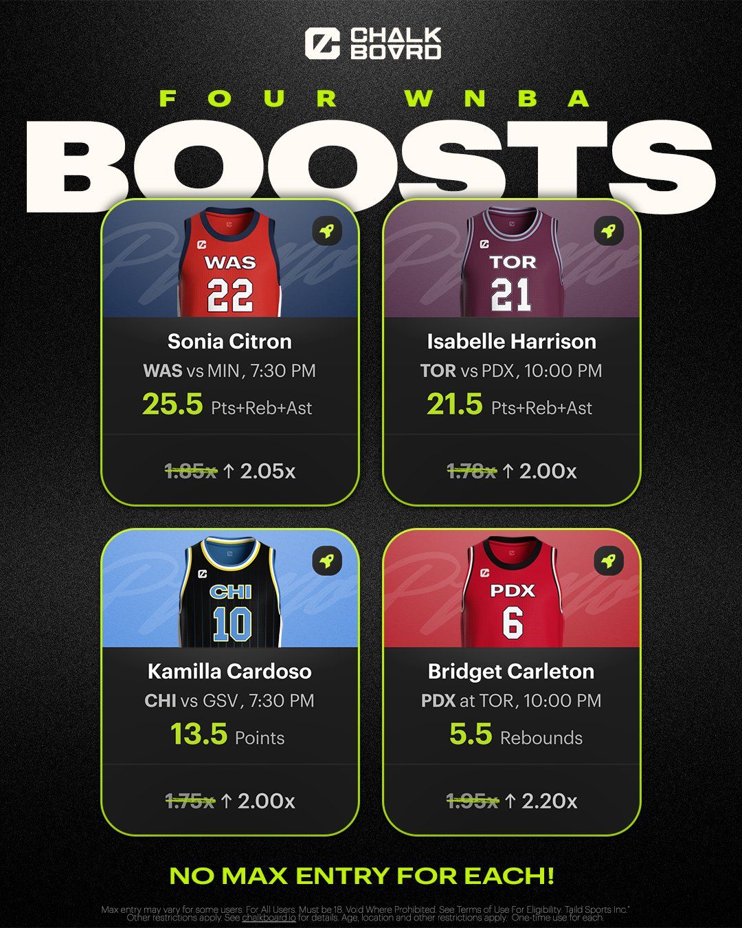 Chalkboard WNBA boosts marketing - four boosted player cards on the new brand