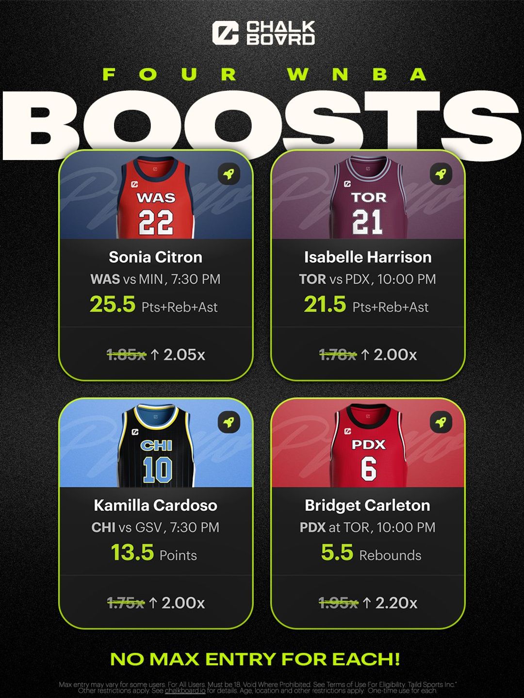 Chalkboard WNBA boosts marketing - four boosted player cards on the new brand