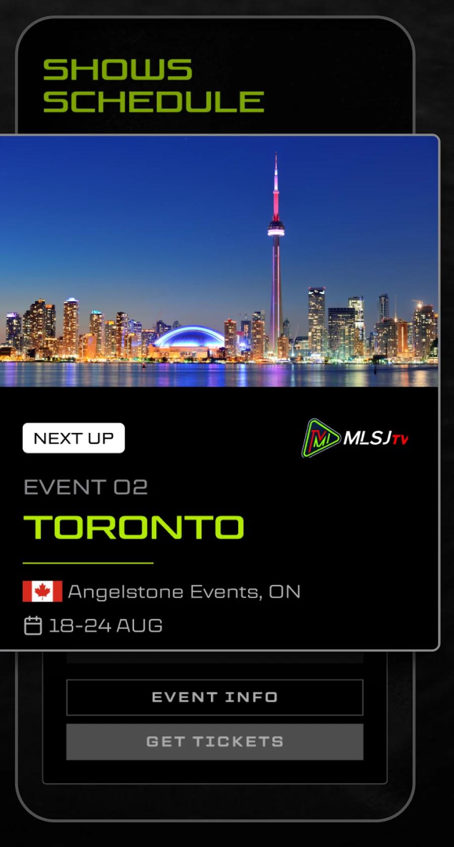 The MLSJ app schedule screen showing the Toronto event card and start times