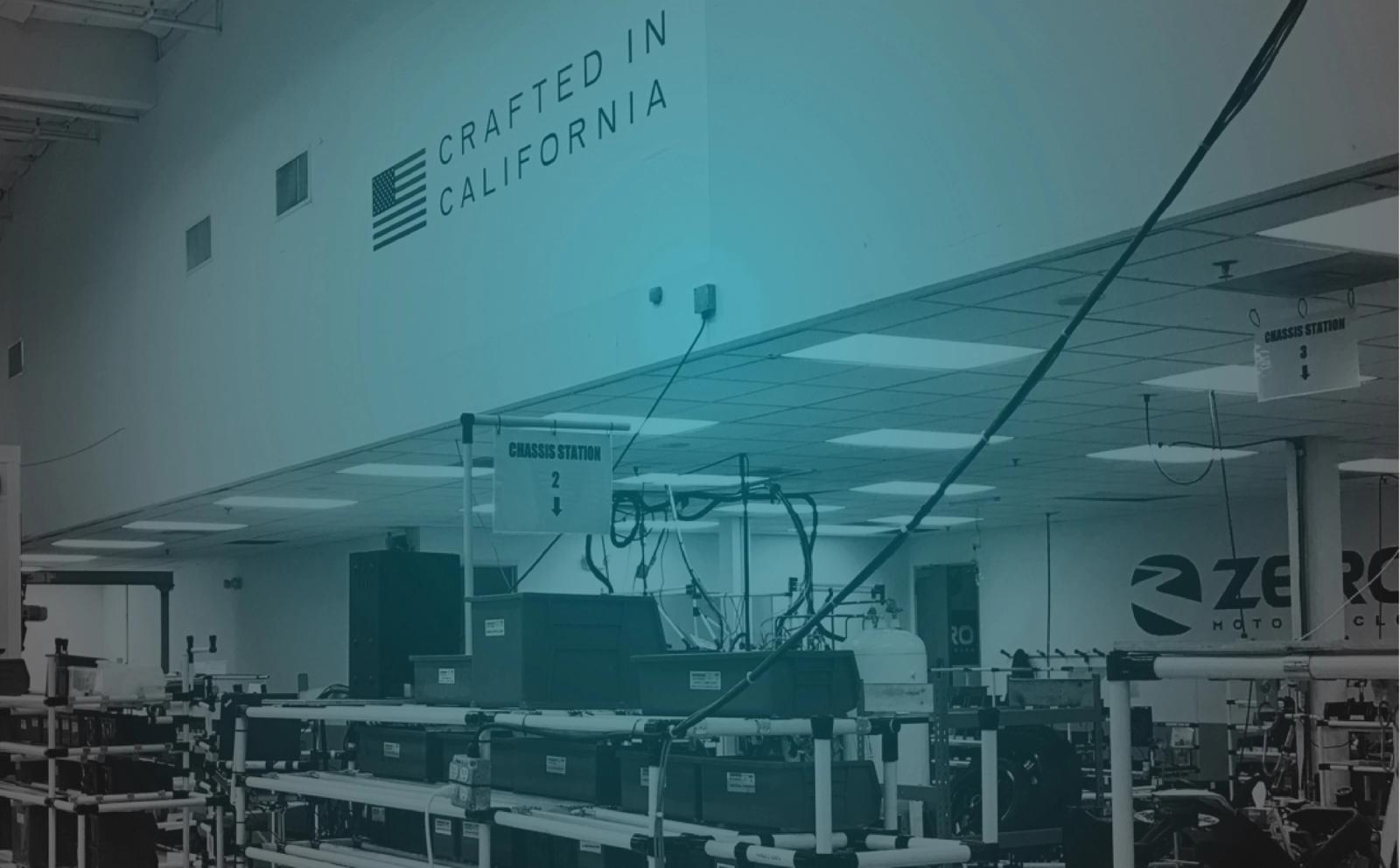 Zero Motorcycles' Scotts Valley production floor, marked “Crafted in California”