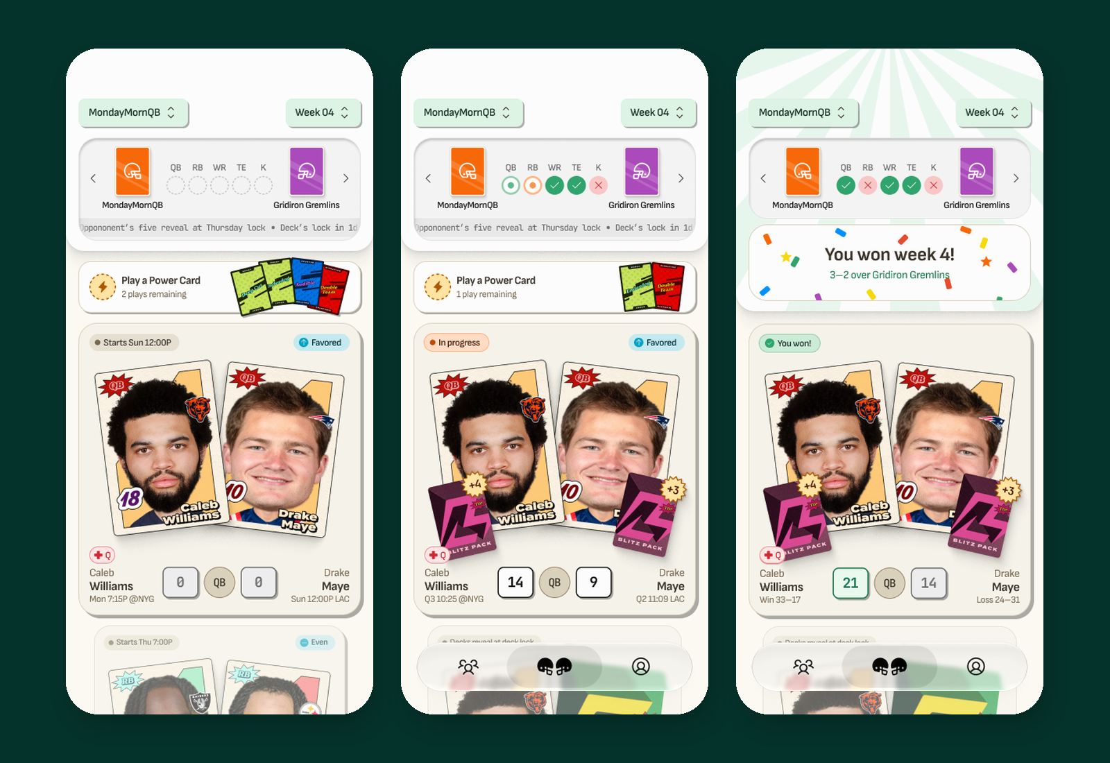 Version two Duel screens: five duels at lock, a live quarterback duel and a settled week won 3–2