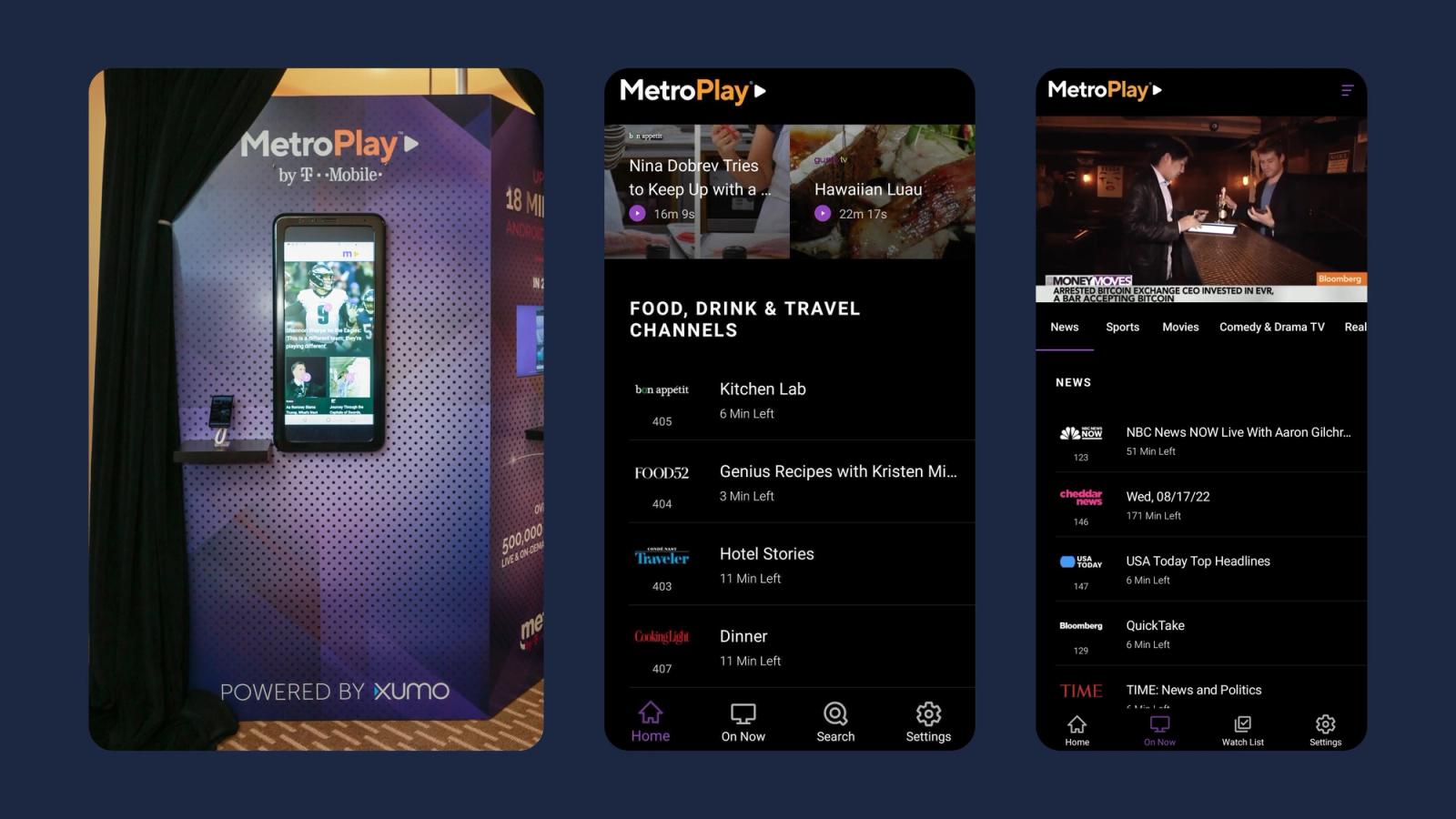 MetroPlay by T-Mobile, powered by Xumo: a display wall with the app on an oversized phone, beside two Android screenshots of the Home screen's food, drink and travel channels and the On Now news guide