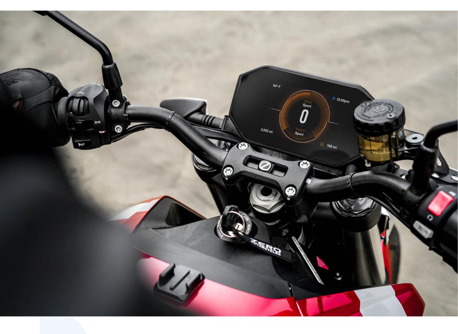 Close-up of the Zero SR/F's handlebar-mounted digital dashboard
