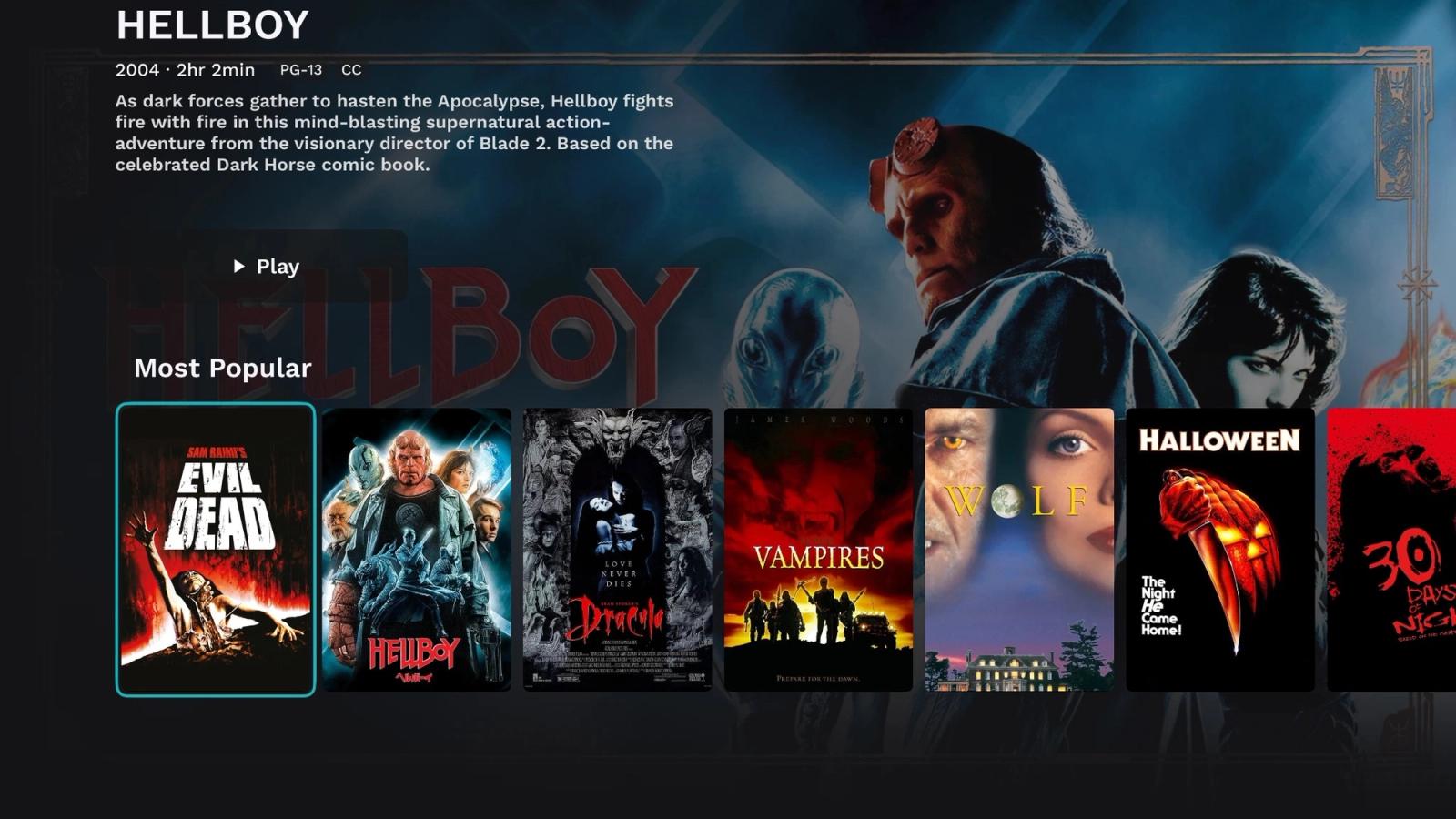 Xumo Play movie page on Apple TV showing Hellboy's title, rating and synopsis with a Play button, above a Most Popular rail of film posters