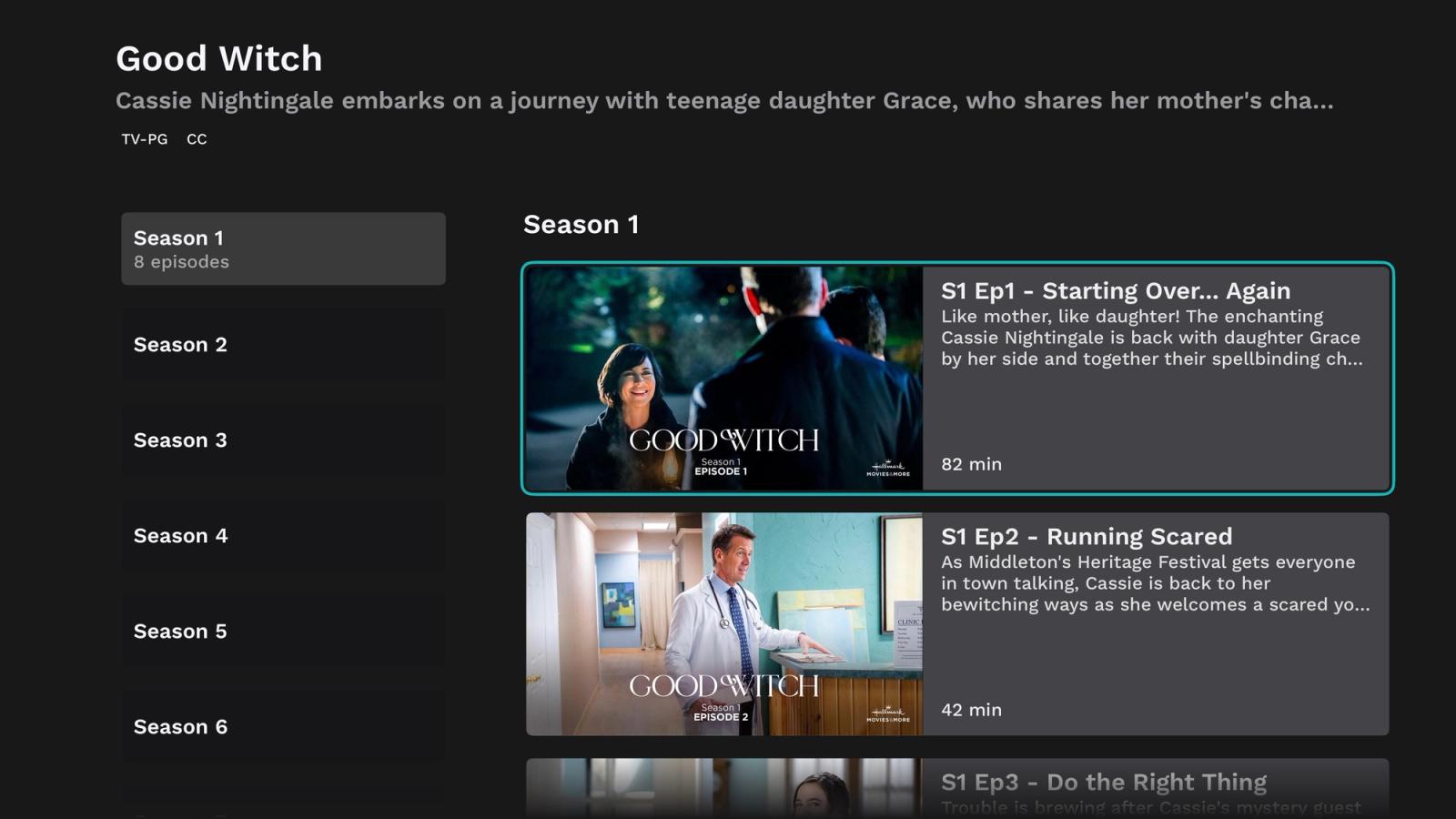 Xumo Play series page on Apple TV for Good Witch showing seasons down the left, Season 1 episodes with thumbnails and runtimes on the right