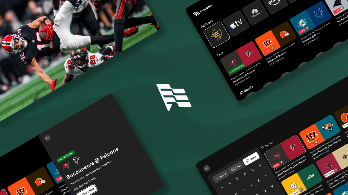 EverPass EPG and activation screens across Fire TV, Google TV and LG TV — placeholder pending real screenshots