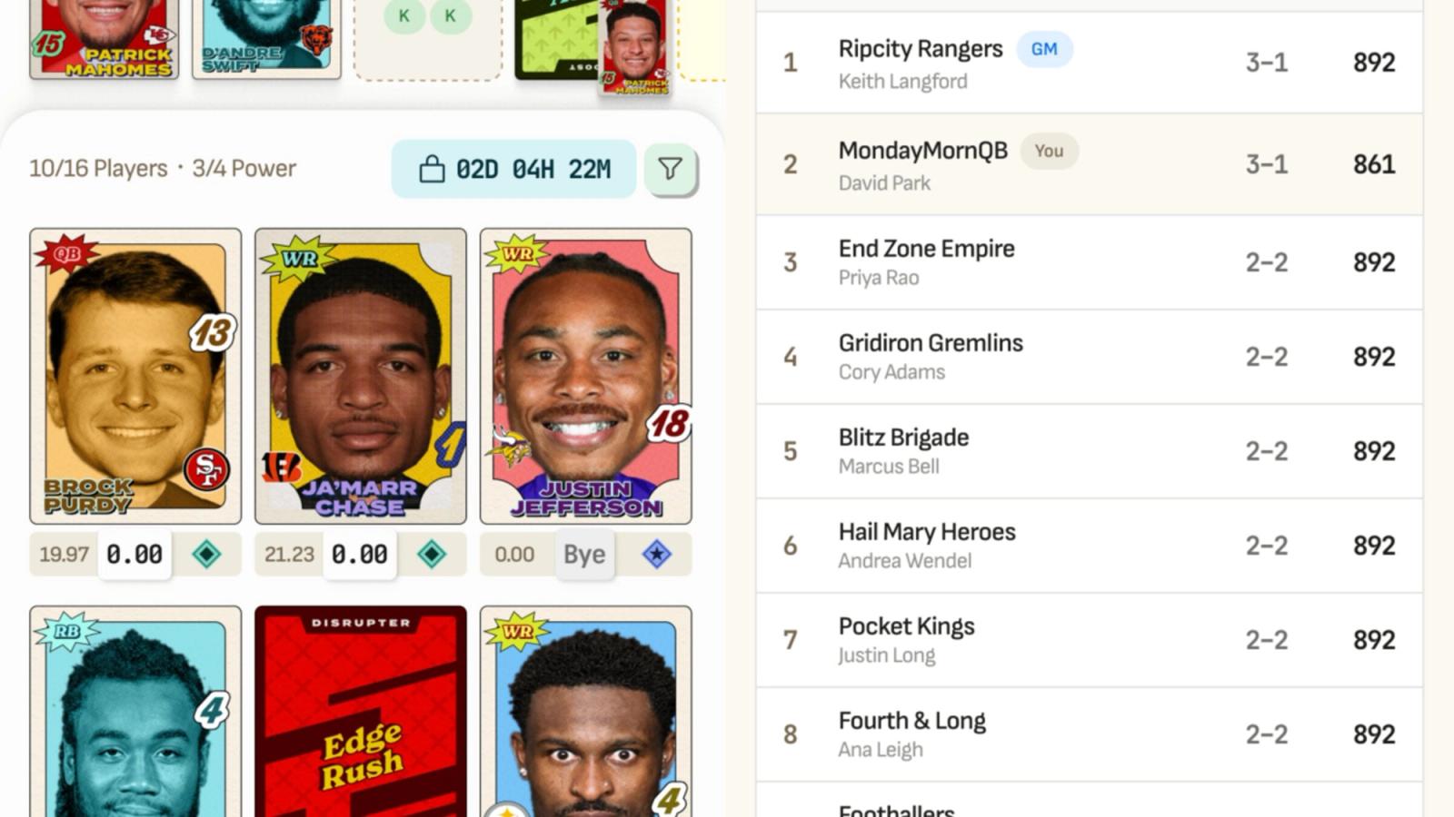 Blitz Pack deck manager with field set and club standings screen side by side